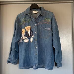 Teddy Bears Applique Chambray Missy sz L Front Button  Top Long Sleeves